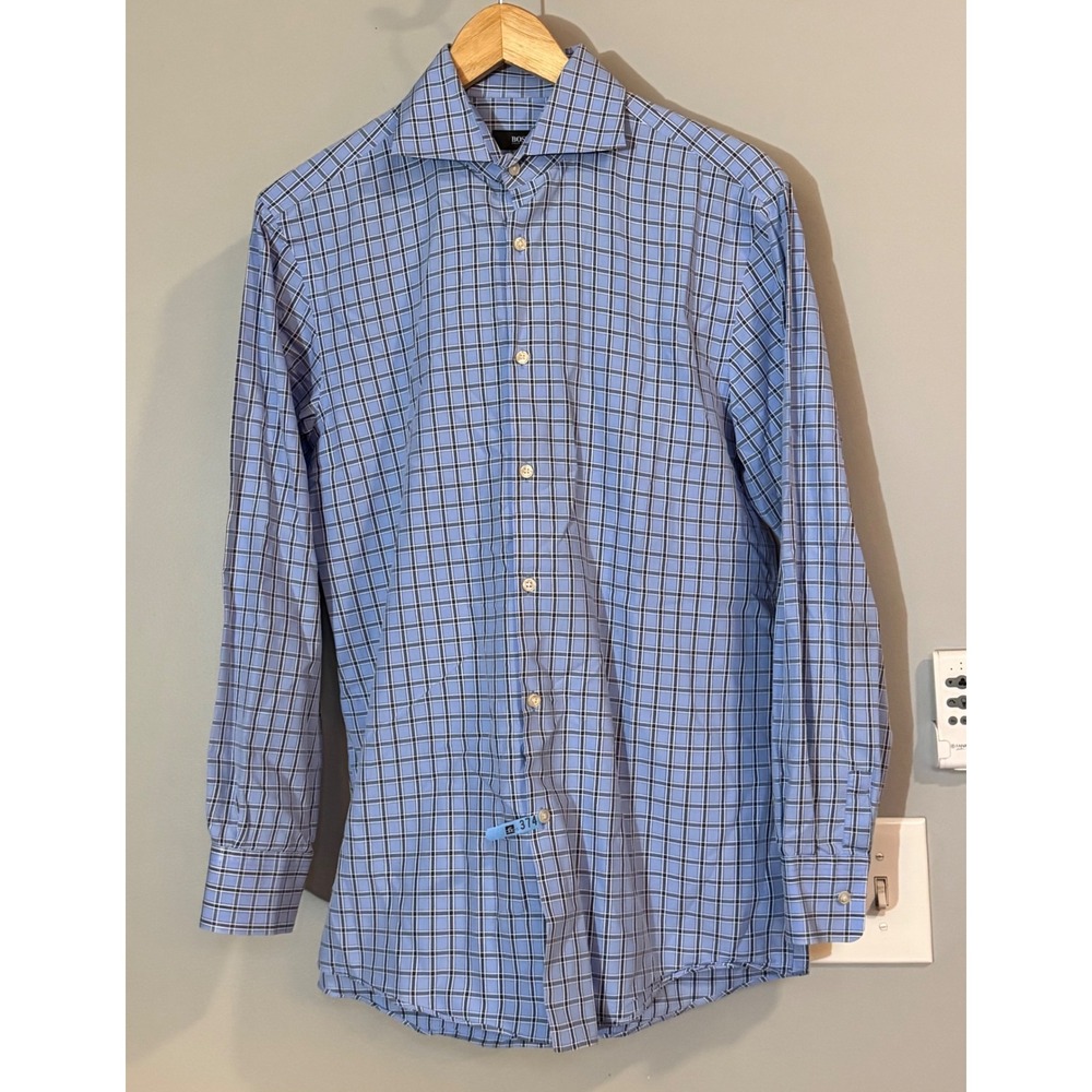 BOSS Hugo Boss Sharp Fit Light Blue Check Dress Shirt Mens‎ 15 1/2 34/35